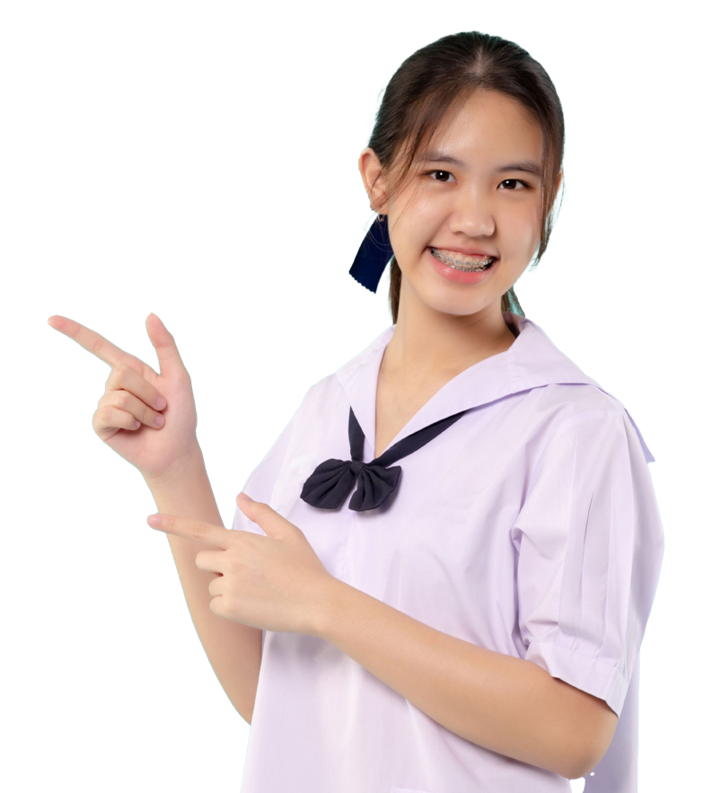 Happy Braces Asian Student Girl School Uniform Finger Pointing Isolated Pastel Background