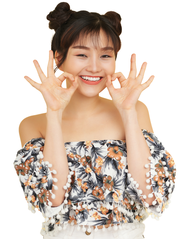 Happy Young Asian Woman Posing Studio With Open Smile Funny Hand Gestures